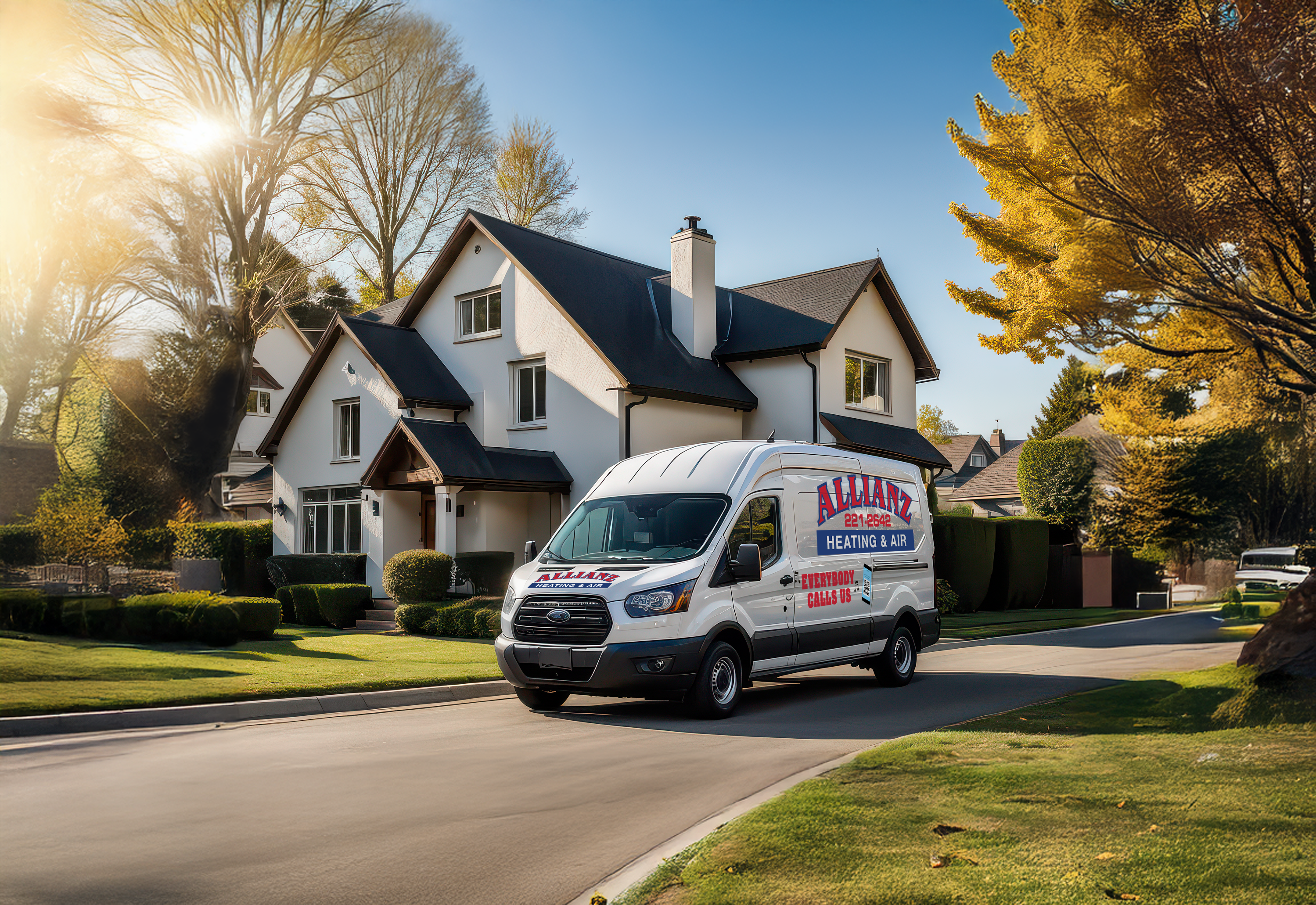 Allianz Heating van in front of a large white house with trees around it