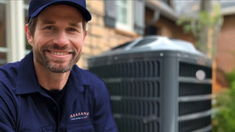 Allianz Heating and Air technician smiling in front of air conditioner unit